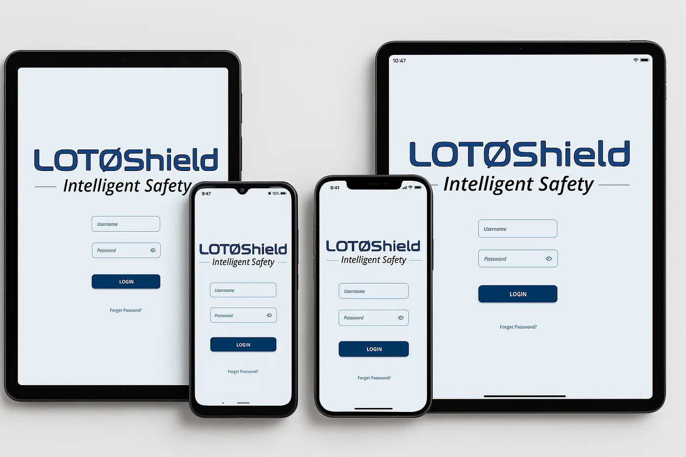 LOTØShield login screen shown on two tablets and two phones of different sizes