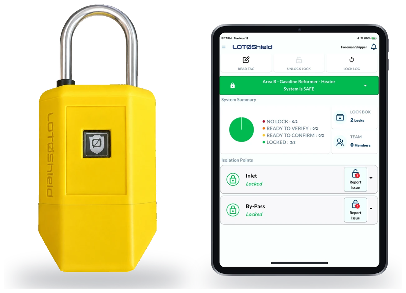 The AT5 Intelligent Lock beside a tablet running the LOT&Oslash;Shield app, showing an isolation with every point locked and the system reported safe
