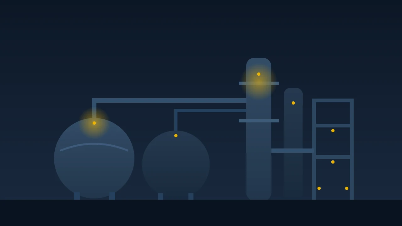 Chemical plant with spherical storage tanks, reactor columns and pipe racks
