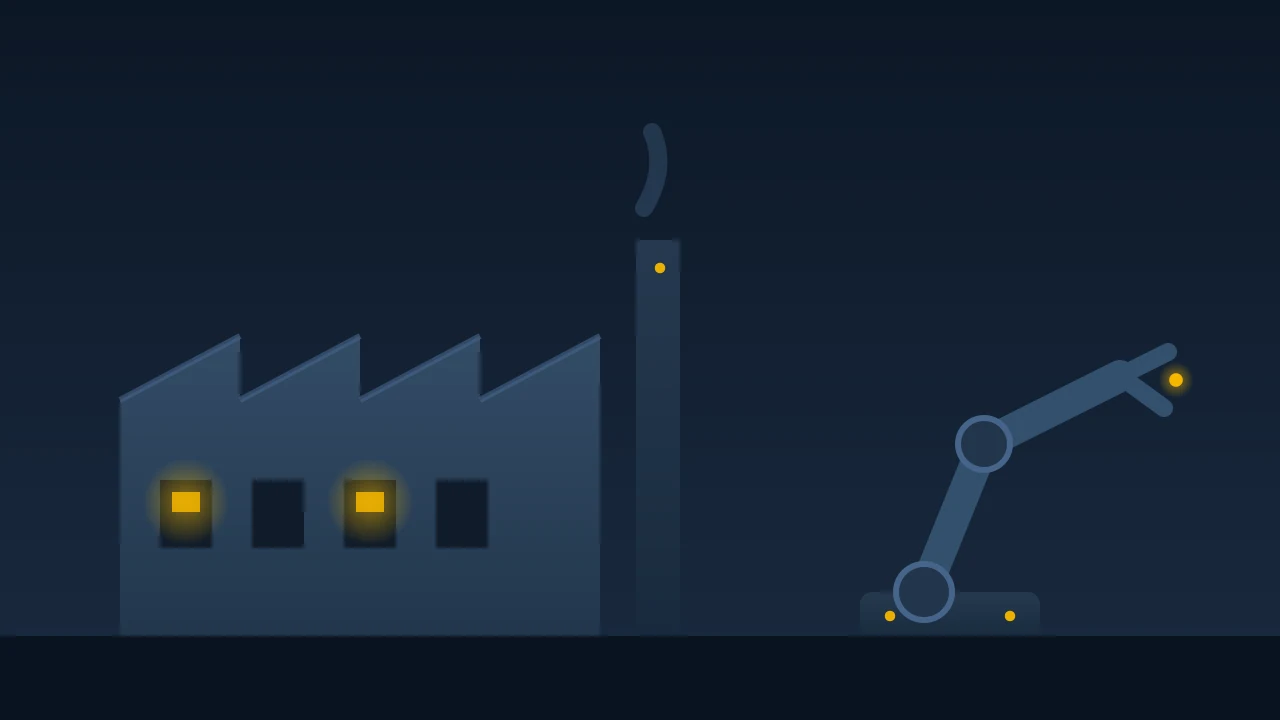 Factory with sawtooth roof, chimney and a robotic arm