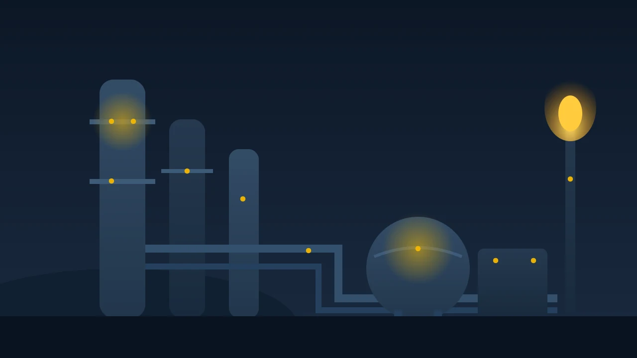 Night-time refinery with distillation columns, piping, a spherical tank and a flare stack