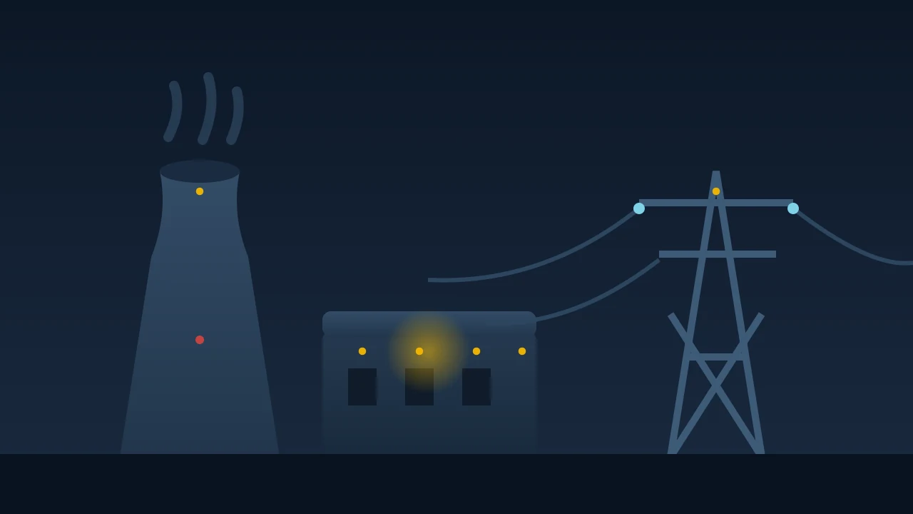 Power station with a cooling tower, turbine hall and transmission pylon